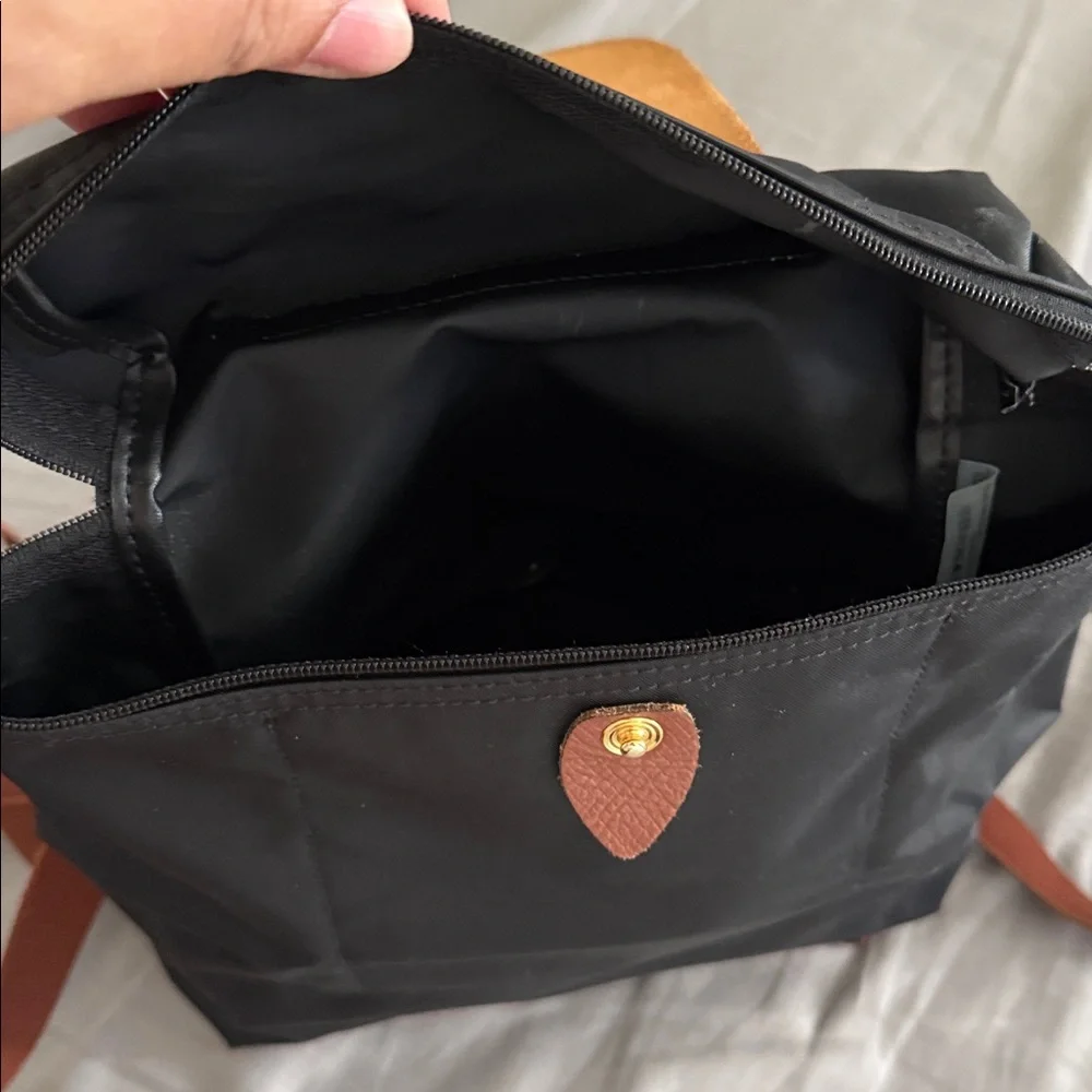 Longchamp Black Nylon Backpack with Brown Leather Trim